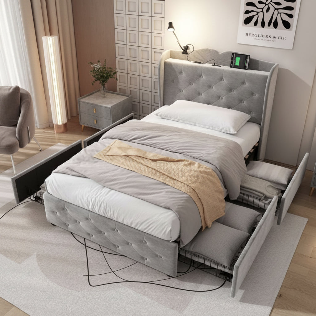 Velvet Storage Single Bed with Drawers & USB Ports — Grey | Premium Home Decor | OFIA HOME