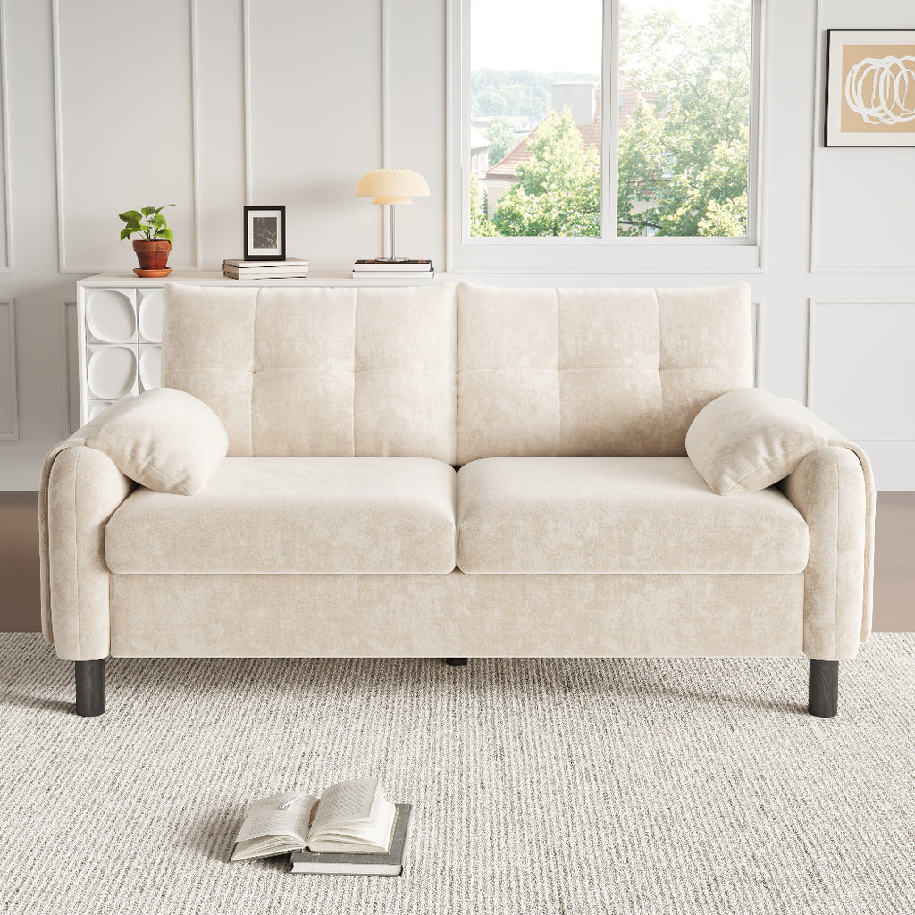 Beige Chenille 2 Seater Sofa | Pillow Armrests, Side Storage & Pocket Spring Cushions | Premium Home Decor | OFIA HOME