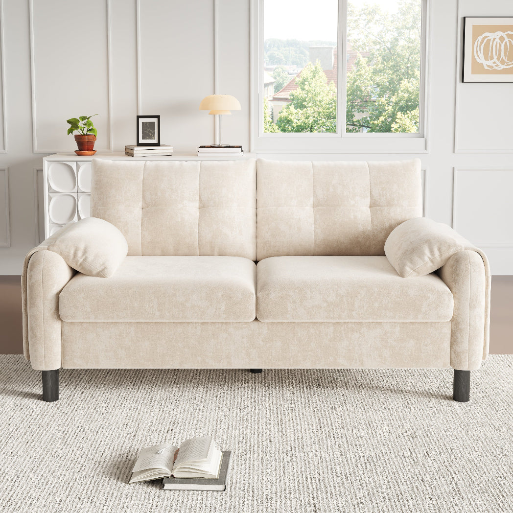Beige Chenille 2 Seater Sofa | Pillow Armrests, Side Storage & Pocket Spring Cushions | Premium Home Decor | OFIA HOME
