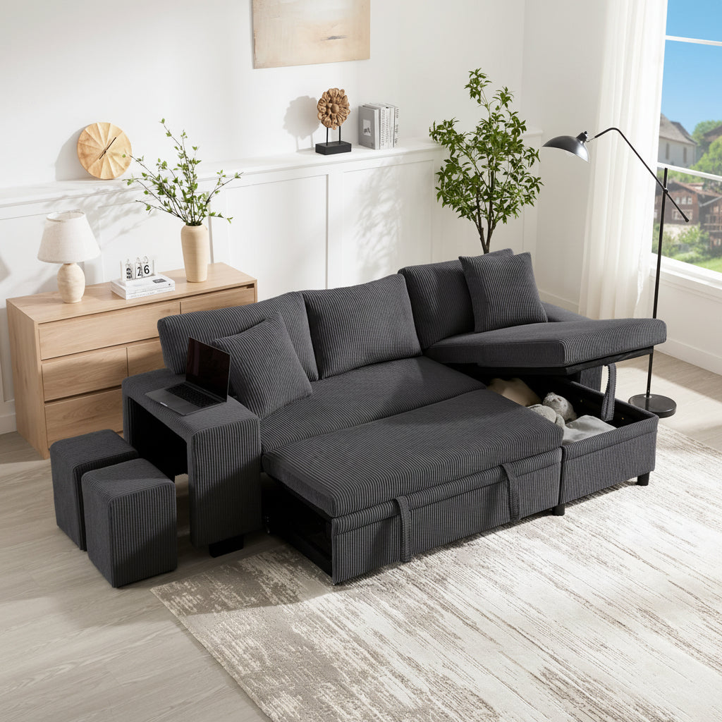 Grey L-Shaped Corner Sofa Bed with Storage, USB Charging & 2 Ottomans | Corduroy | Premium Home Decor | OFIA HOME