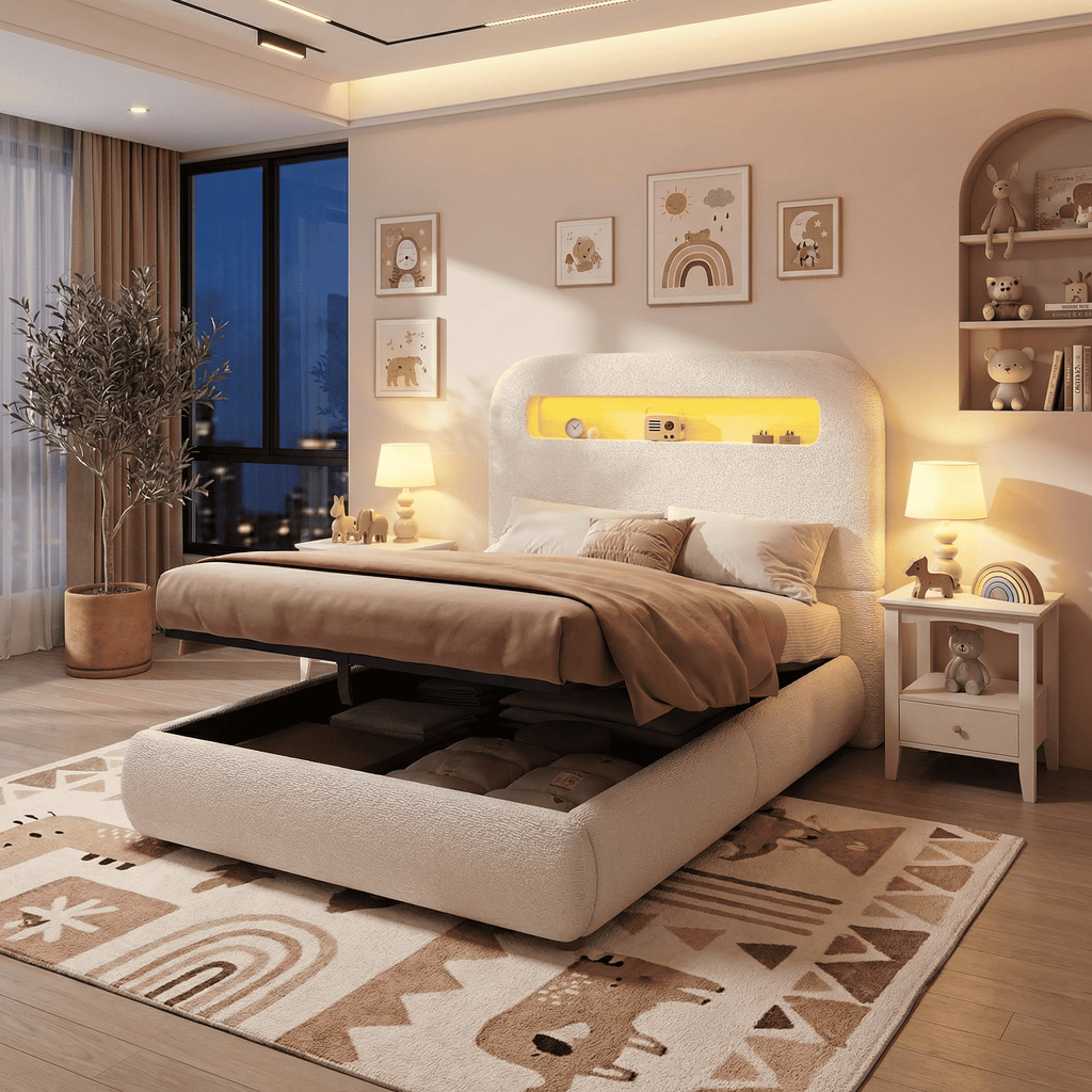 Children's Single Bed | Boucle Upholstered with LED Lighting & Hydraulic Storage | 3ft 90x190cm | White | Premium Home Decor | OFIA HOME