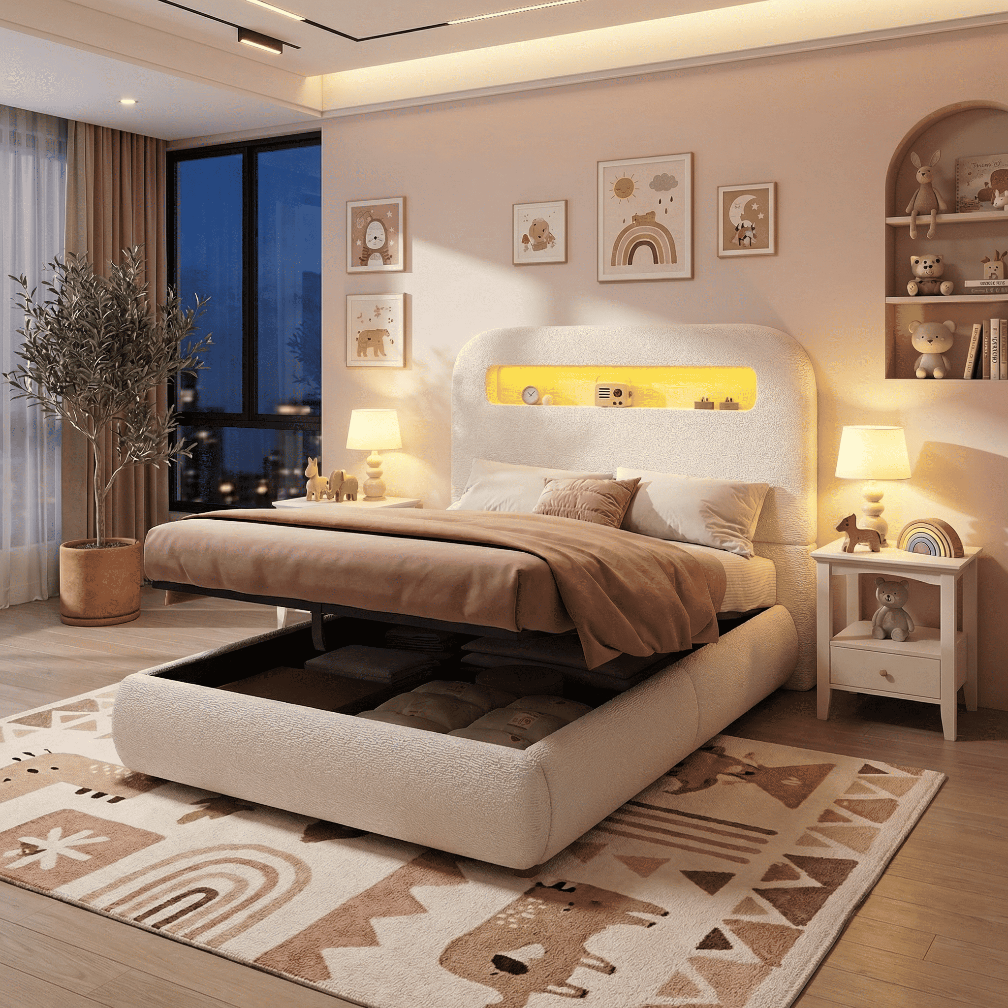 Children's Single Bed | Boucle Upholstered with LED Lighting & Hydraulic Storage | 3ft 90x190cm | White | Premium Home Decor | OFIA HOME