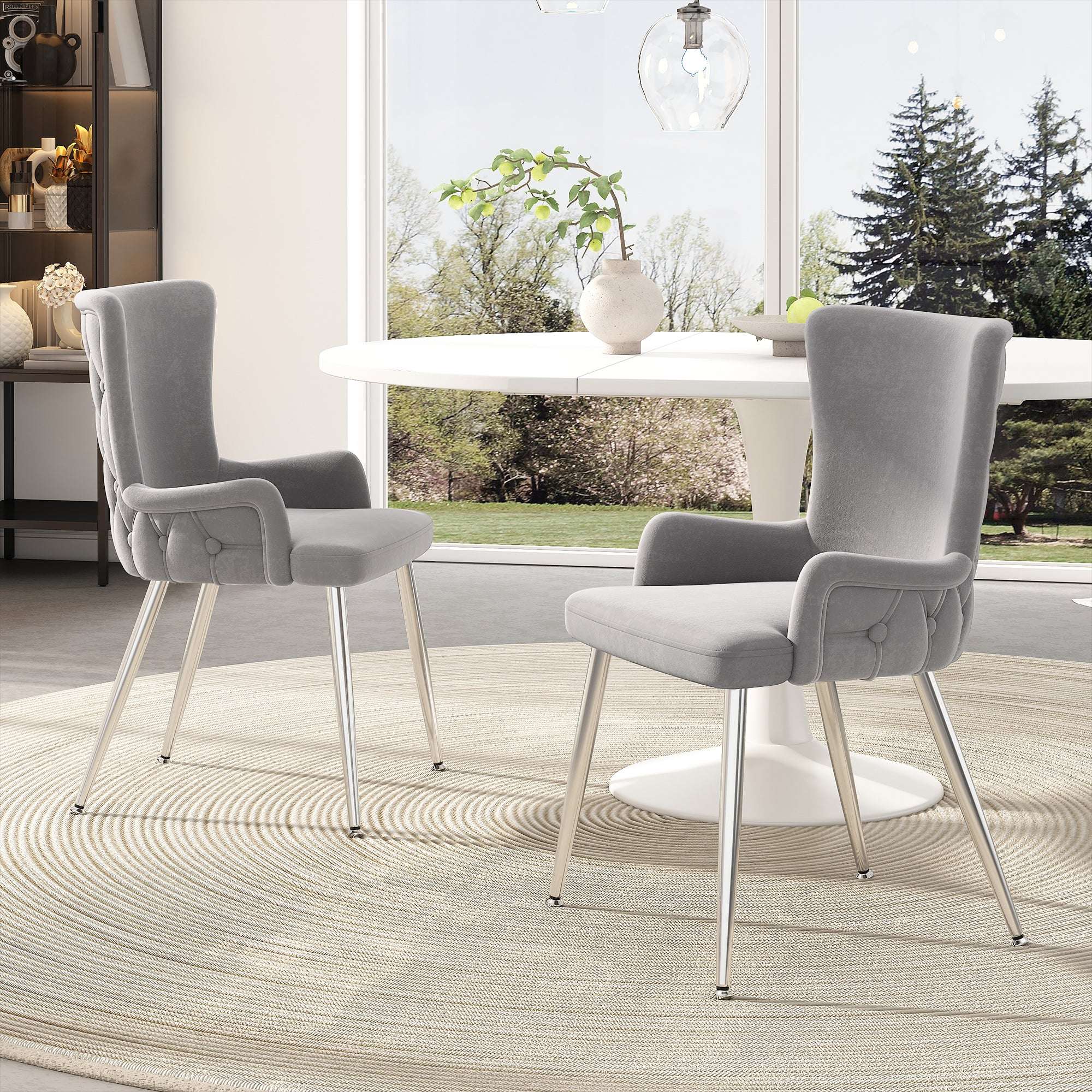 Grey Velvet Dining Chairs | Set of 2 | Silver Metal Legs | Living Room & Bedroom Lounge Chair | Premium Home Decor | OFIA HOME