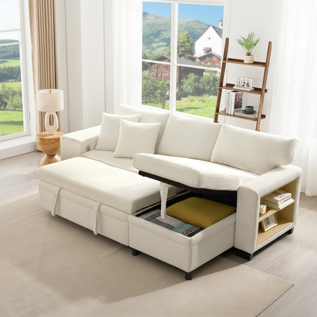 Beige L-Shaped Corner Sofa Bed with Storage, USB Charging & 2 Ottomans | Corduroy | Premium Home Decor | OFIA HOME