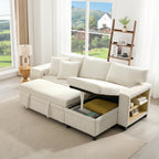 Beige L-Shaped Corner Sofa Bed with Storage, USB Charging & 2 Ottomans | Corduroy | Premium Home Decor | OFIA HOME