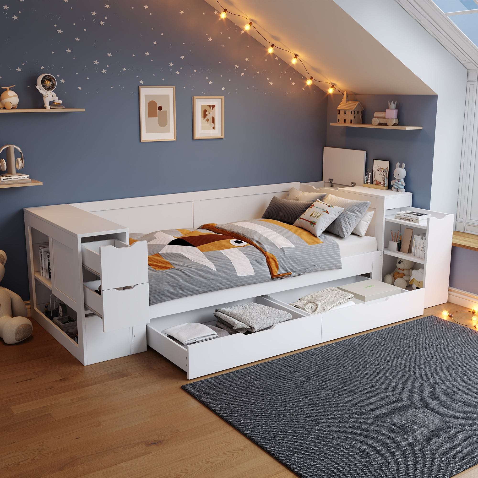 White Children's Daybed | Storage Drawers, Shelves & Bedside | 3ft | Premium Home Decor | OFIA HOME