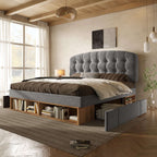 Grey Velvet King Bed | Storage Drawers & Adjustable Headboard | 5ft | Premium Home Decor | OFIA HOME