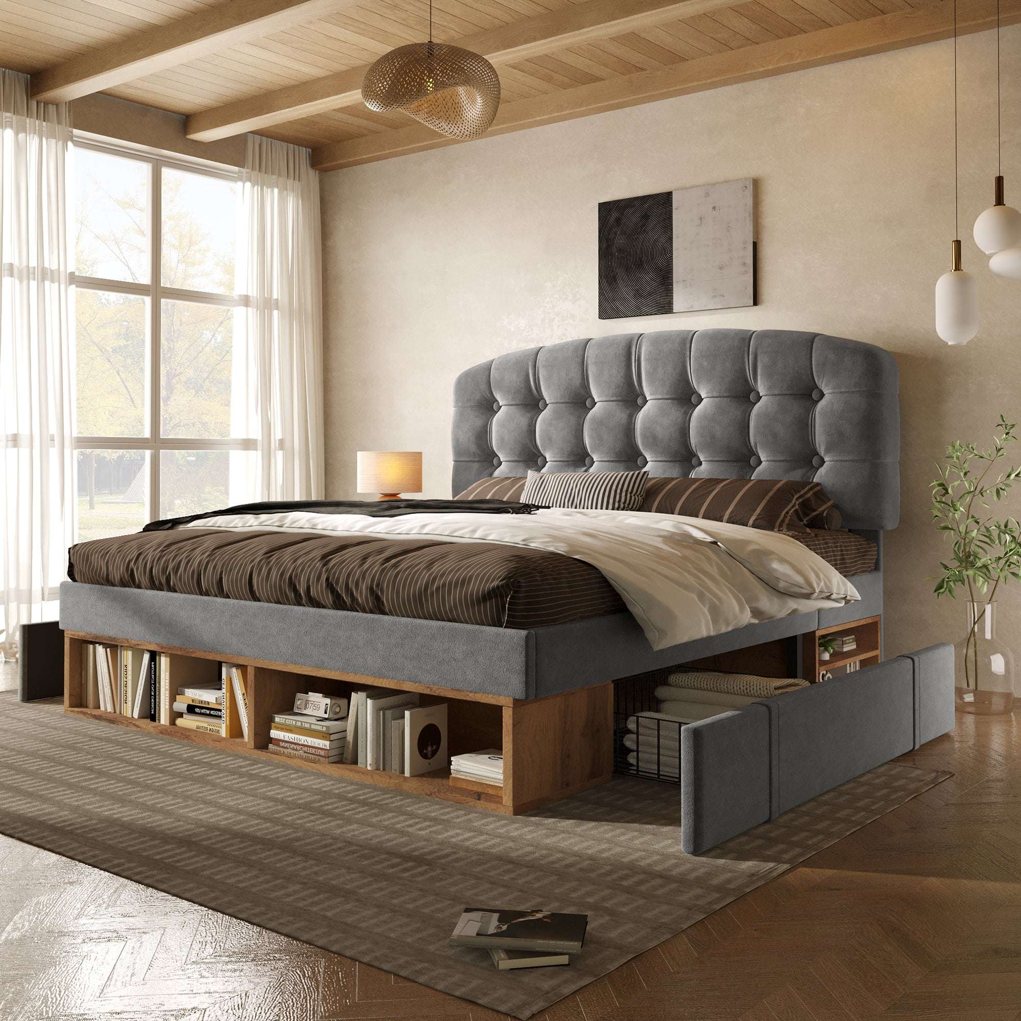 Grey Velvet King Bed | Storage Drawers & Adjustable Headboard | 5ft | Premium Home Decor | OFIA HOME