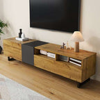 Retro Wood Grain Colourblock TV Cabinet – 3 Doors, U-Shaped Metal Legs | Premium Home Decor | OFIA HOME