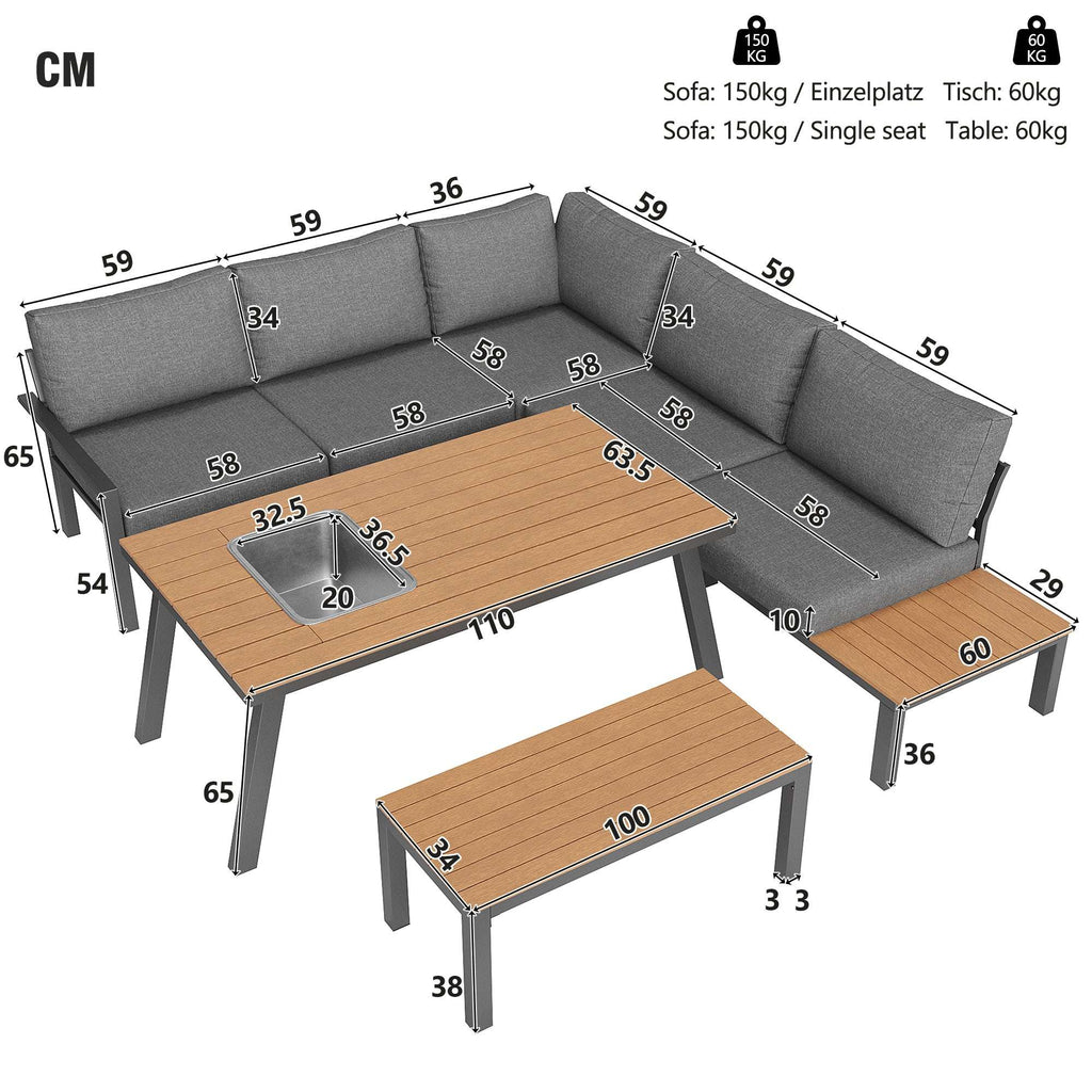 Grey Garden Lounge Set for 6–7 | Galvanised Frame, Ice Bucket Table & All-Weather Cushions | Premium Home Decor | OFIA HOME