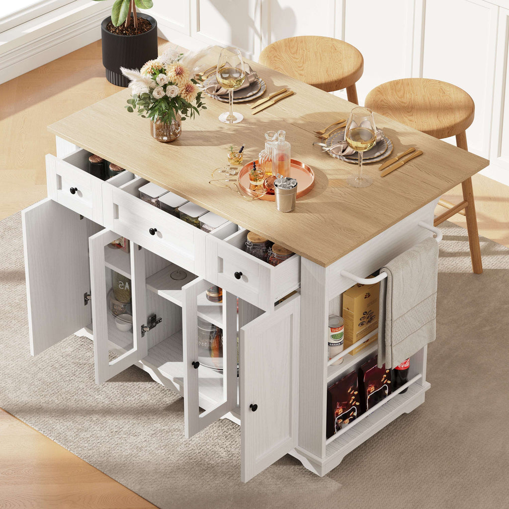 Large Kitchen Island with Tempered Glass & Storage — White/Black | Premium Home Decor | OFIA HOME