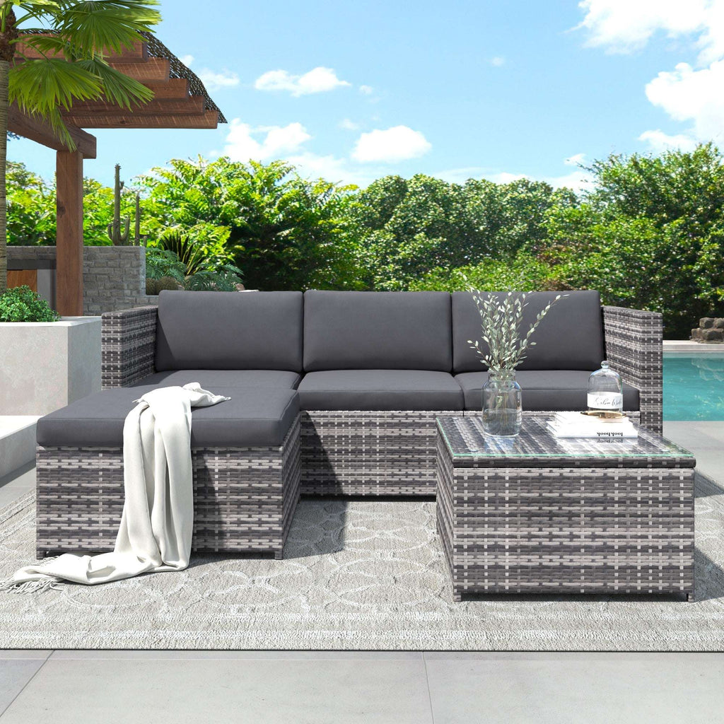 Grey Rattan Corner Garden Sofa Set | 3-Seater Patio Lounge with Coffee Table | Premium Home Decor | OFIA HOME