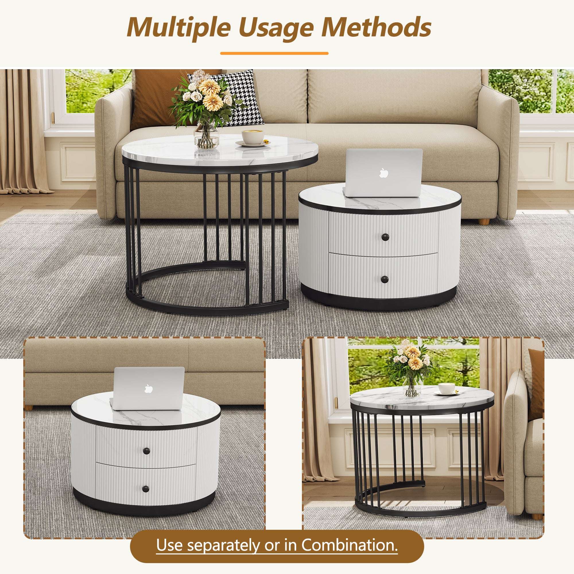 Marble Effect Nesting Coffee Tables with Storage — Set of 2 | White & Black | Premium Home Decor | OFIA HOME