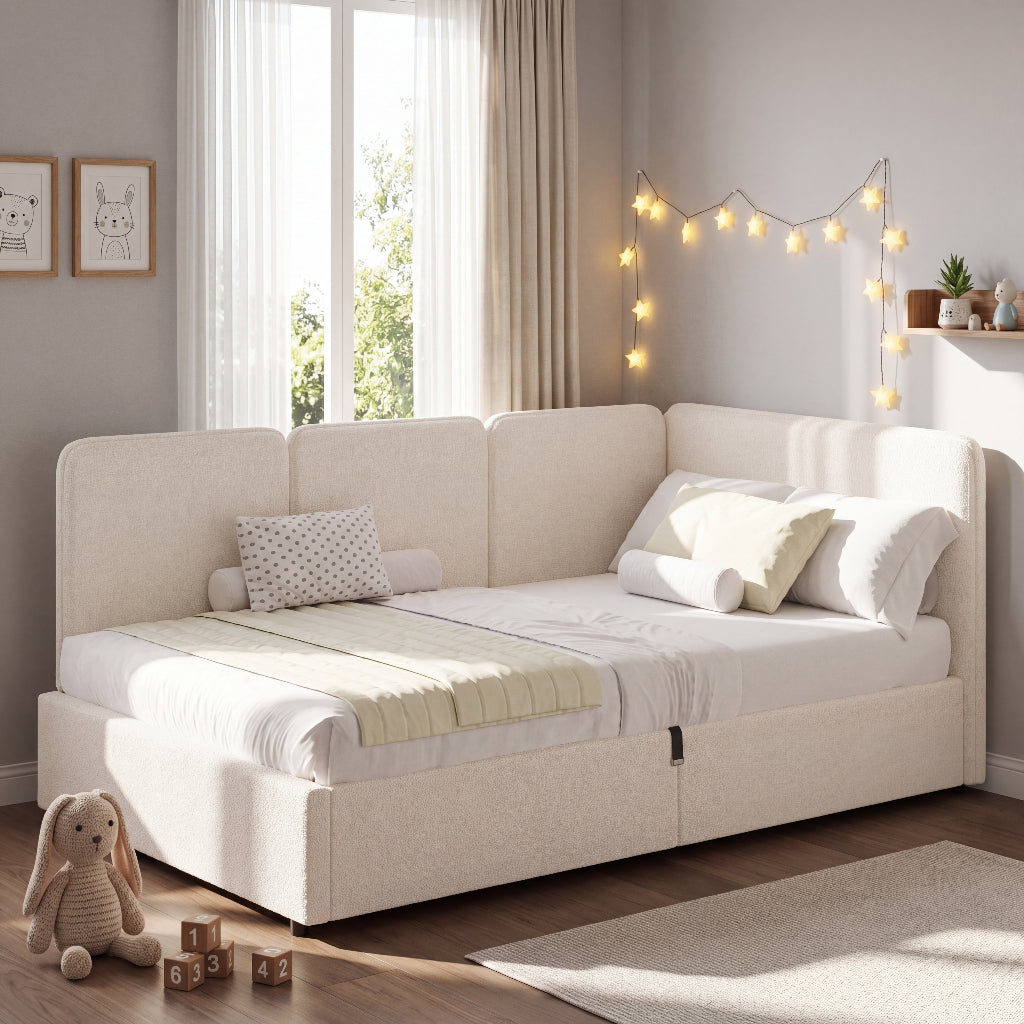 Beige Bouclé Single Ottoman Daybed with Storage | 3ft Chaise | Premium Home Decor | OFIA HOME