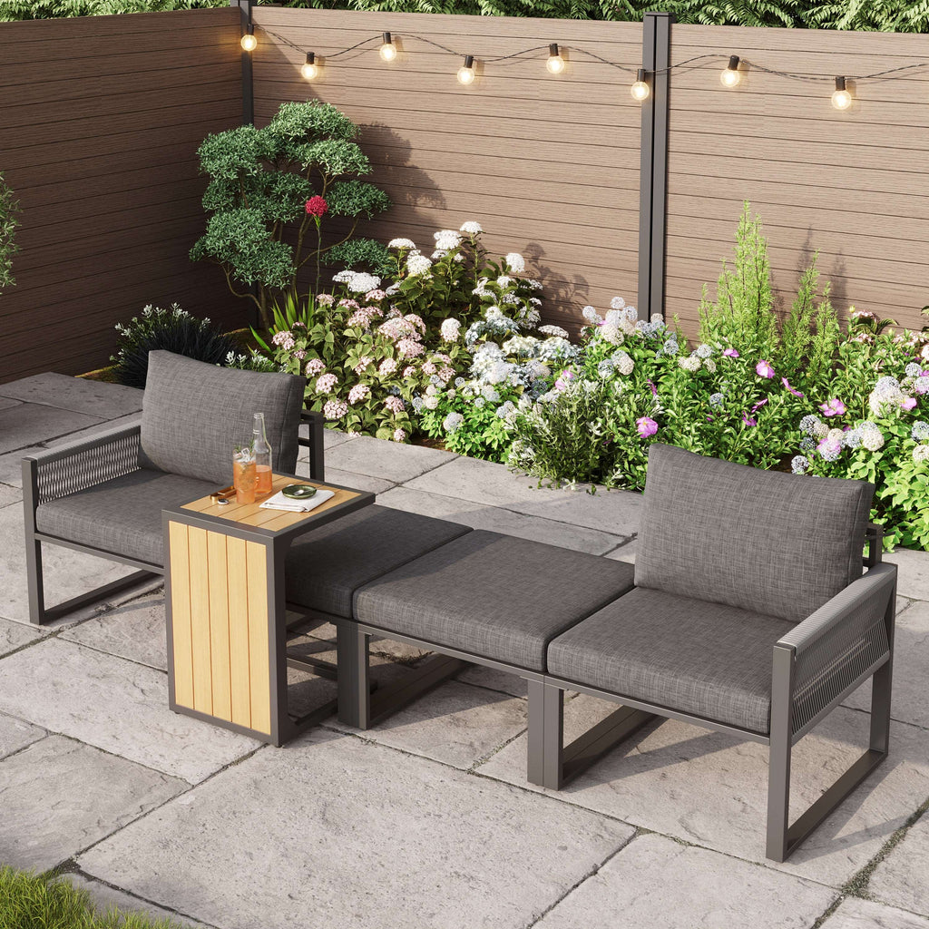 Modular Garden Sofa Set | 2-4 Seater Corner Lounge with Wood Table | Grey | Premium Home Decor | OFIA HOME