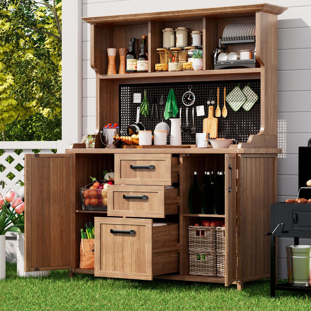 Wooden Garden Cabinet – Solid Fir Wood Tool Storage with Drawers, Compartments & Metal Pegboard | Premium Home Decor | OFIA HOME
