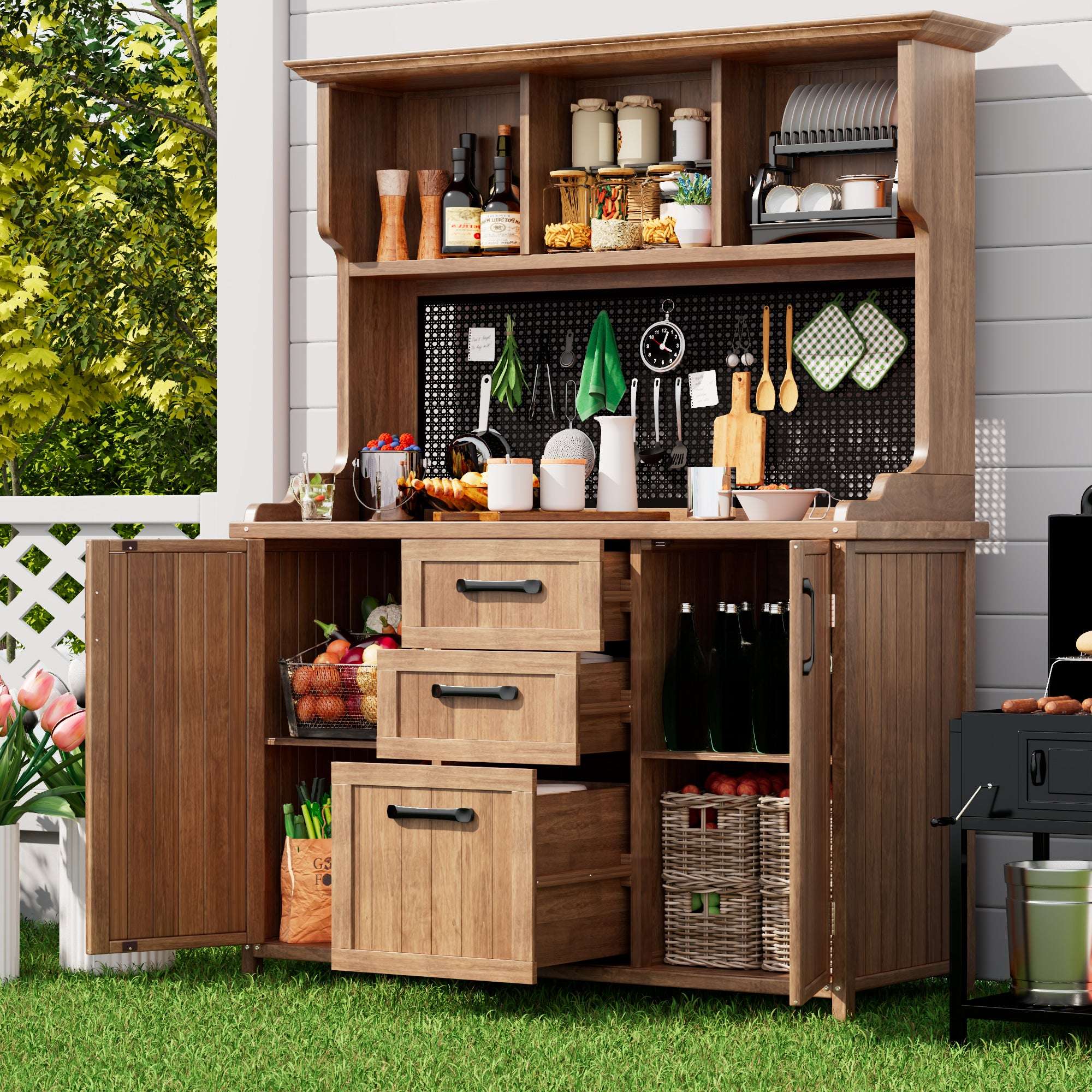 Wooden Garden Cabinet – Solid Fir Wood Tool Storage with Drawers, Compartments & Metal Pegboard | Premium Home Decor | OFIA HOME