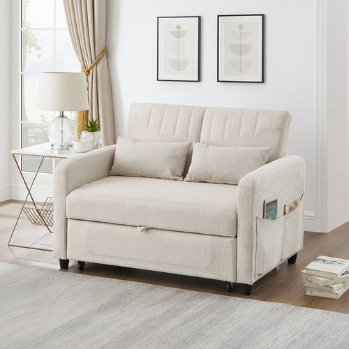 Beige Cotton-Linen 2 Seater Sofa Bed | Pull-Out Design & 3-Level Adjustable Backrest | Premium Home Decor | OFIA HOME
