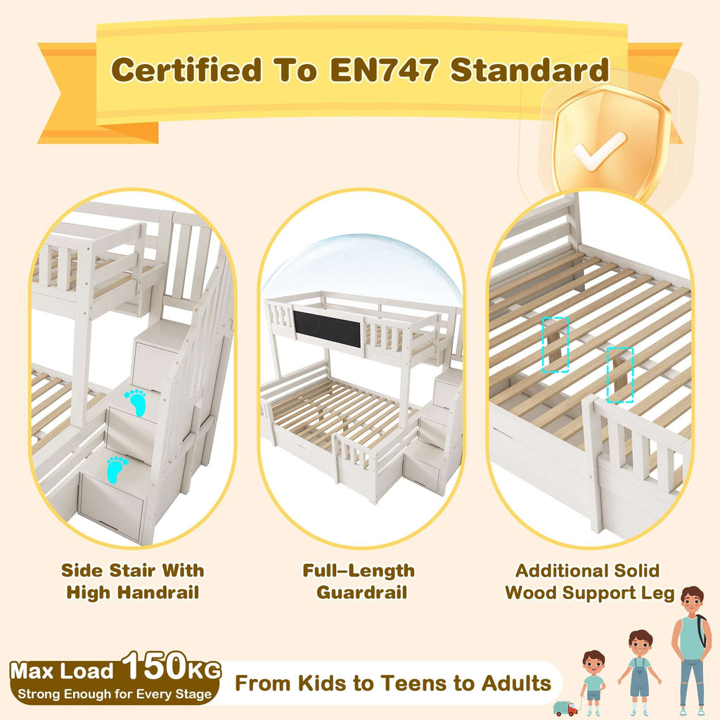 Children's Staircase Bunk Bed | Solid Wood with Drawers, Chalkboard & Storage | 3ft | White | Premium Home Decor | OFIA HOME