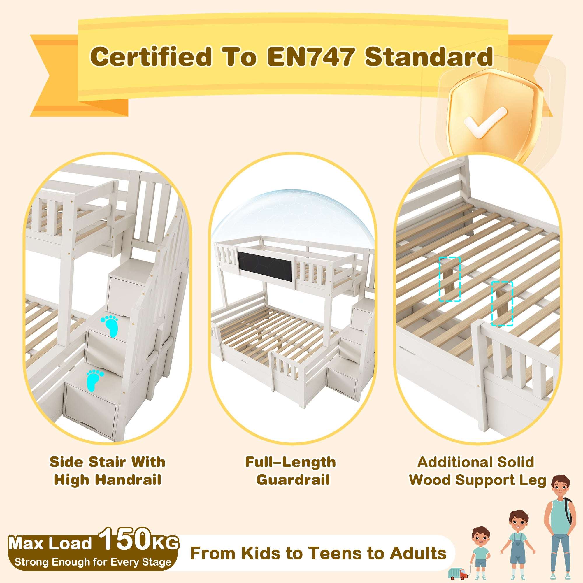Children's Staircase Bunk Bed | Solid Wood with Drawers, Chalkboard & Storage | 3ft | White | Premium Home Decor | OFIA HOME