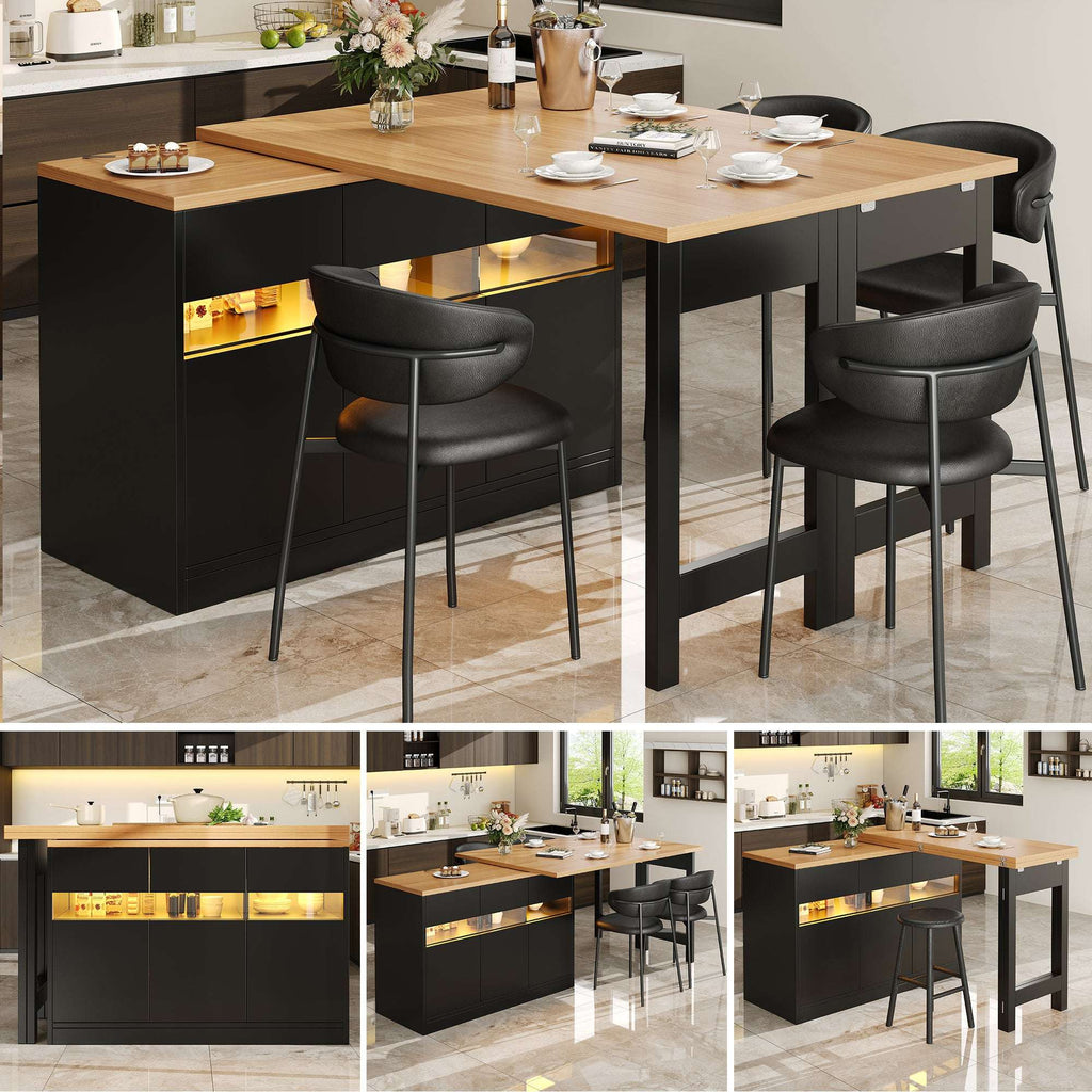 Extendable Bar Table with LED Lighting & Swivel – Kitchen Island with Storage, 120–180cm | Premium Home Decor | OFIA HOME