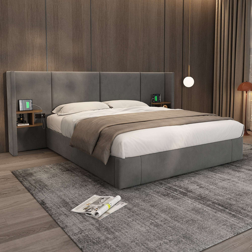 Grey Velvet Ottoman King Bed | USB Charging & Bedside Tables | 5ft | Premium Home Decor | OFIA HOME