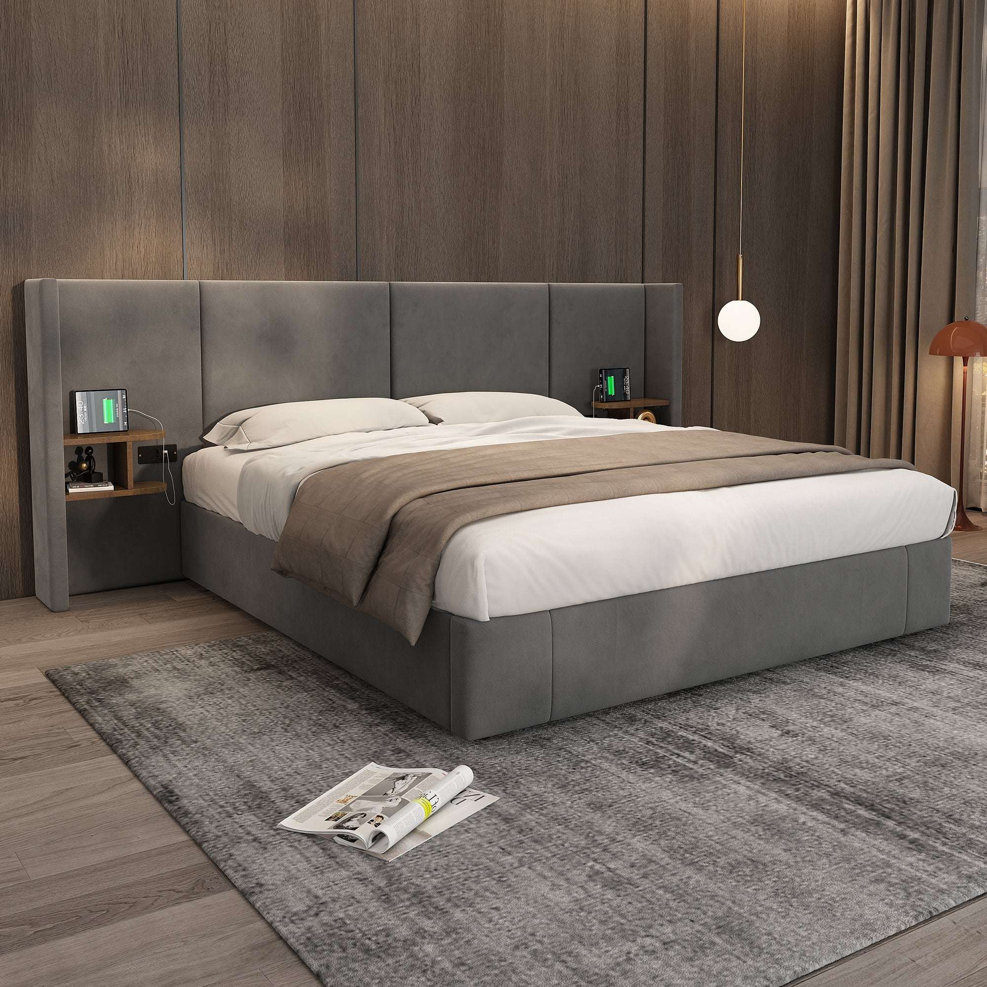 Grey Velvet Ottoman King Bed | USB Charging & Bedside Tables | 5ft | Premium Home Decor | OFIA HOME