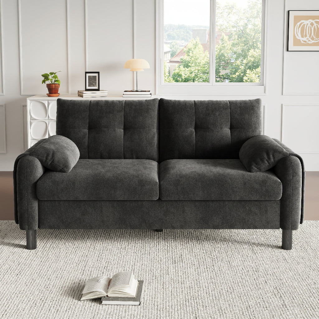 Grey Chenille 2 Seater Sofa with Side Storage Pockets | Compact | Premium Home Decor | OFIA HOME