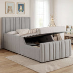 Children's Single Bed | Grey Linen Upholstered Headboard & Hydraulic Storage | 3ft 90x190cm | Premium Home Decor | OFIA HOME