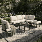 Beige Rope Garden Lounge Set | 6-Seater with Galvanized Frame, Glass Table & Cushions | Premium Home Decor | OFIA HOME