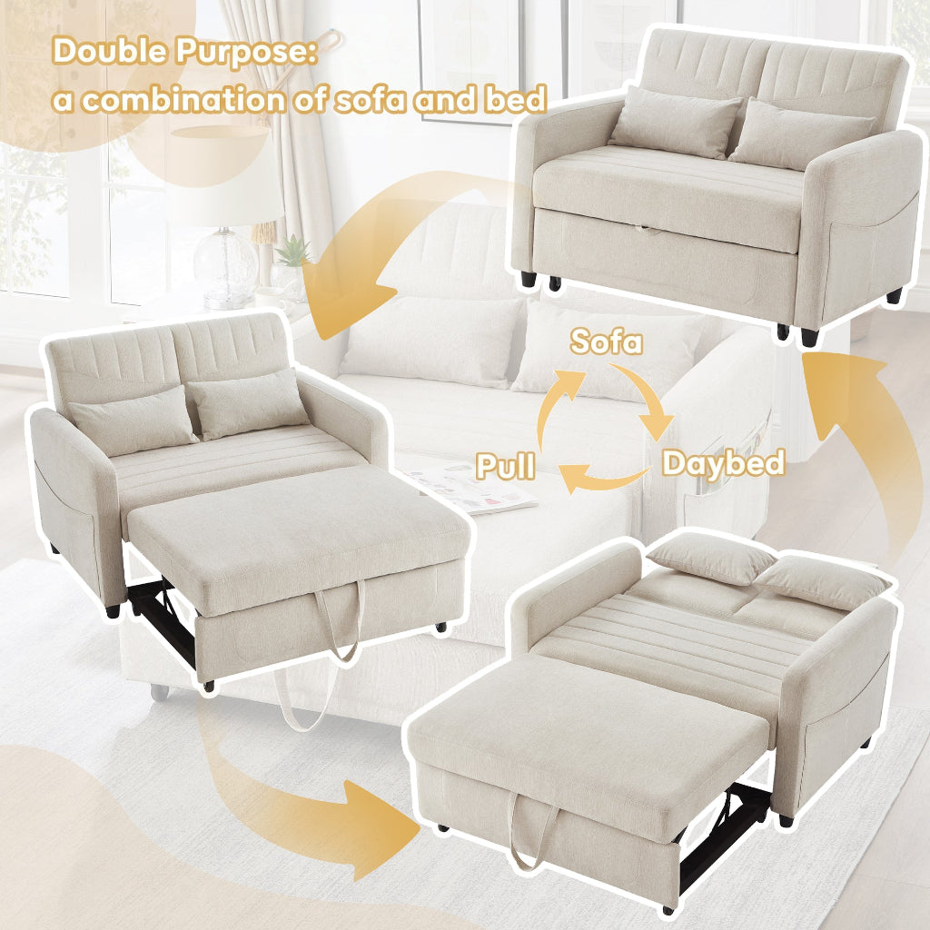 Beige Cotton-Linen 2 Seater Sofa Bed | Pull-Out Design & 3-Level Adjustable Backrest | Premium Home Decor | OFIA HOME