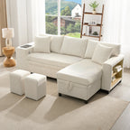 Beige L-Shaped Corner Sofa Bed with Storage, USB Charging & 2 Ottomans | Corduroy | Premium Home Decor | OFIA HOME