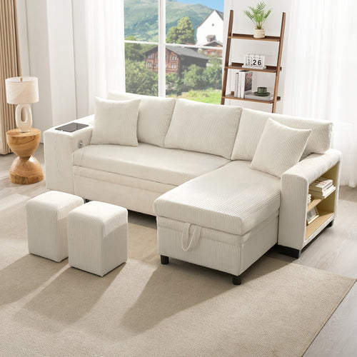 Beige L-Shaped Corner Sofa Bed with Storage, USB Charging & 2 Ottomans | Corduroy | Premium Home Decor | OFIA HOME