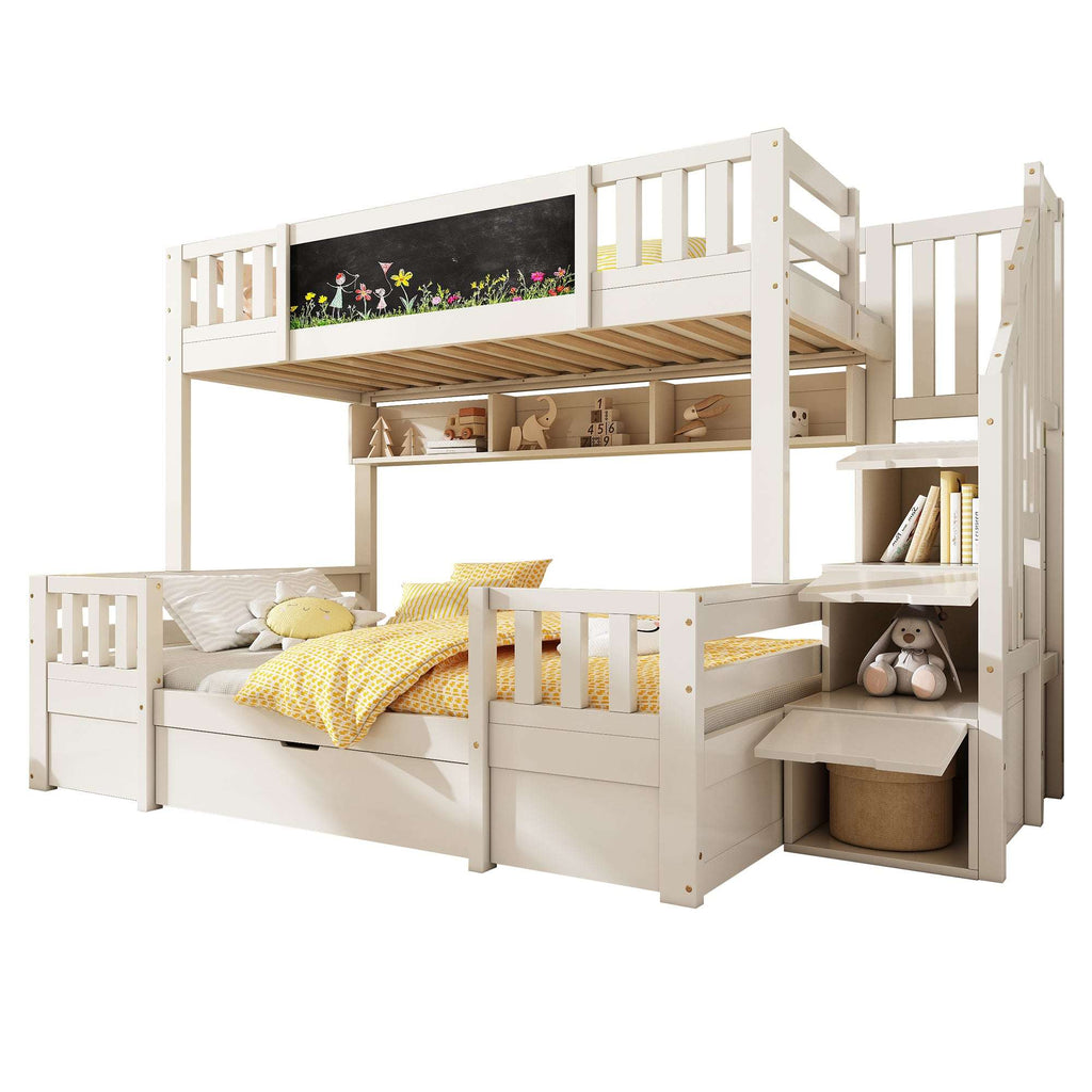 Children's Staircase Bunk Bed | Solid Wood with Drawers, Chalkboard & Storage | 3ft | White | Premium Home Decor | OFIA HOME