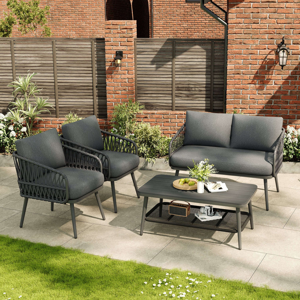 Grey 4-Seater Rope Weave Garden Lounge Set | All-Weather | Premium Home Decor | OFIA HOME