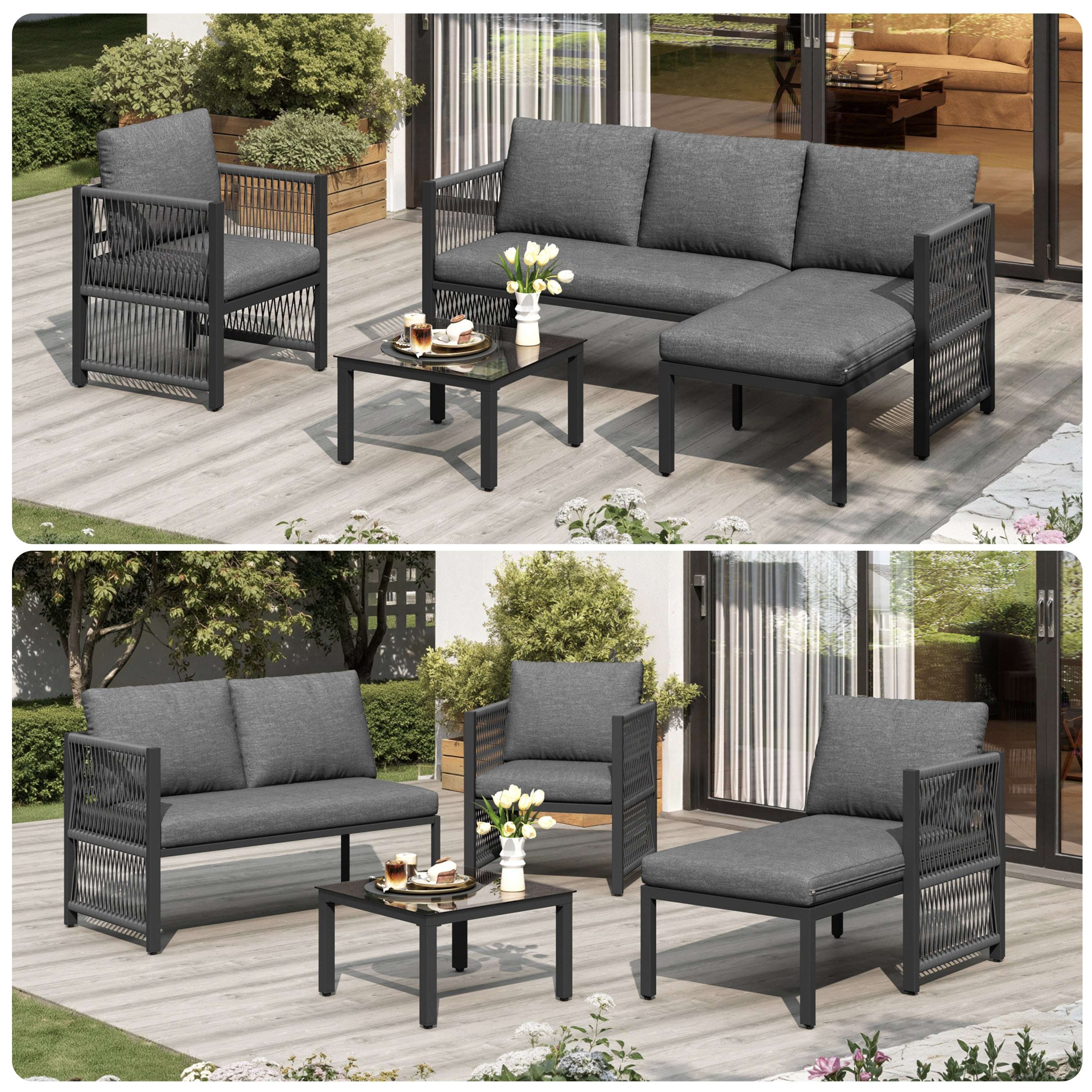 Grey 4-5 Seater Modular Patio Sofa Set | Polyester Rope, Tempered Glass Table & Weatherproof Cushions | Premium Home Decor | OFIA HOME