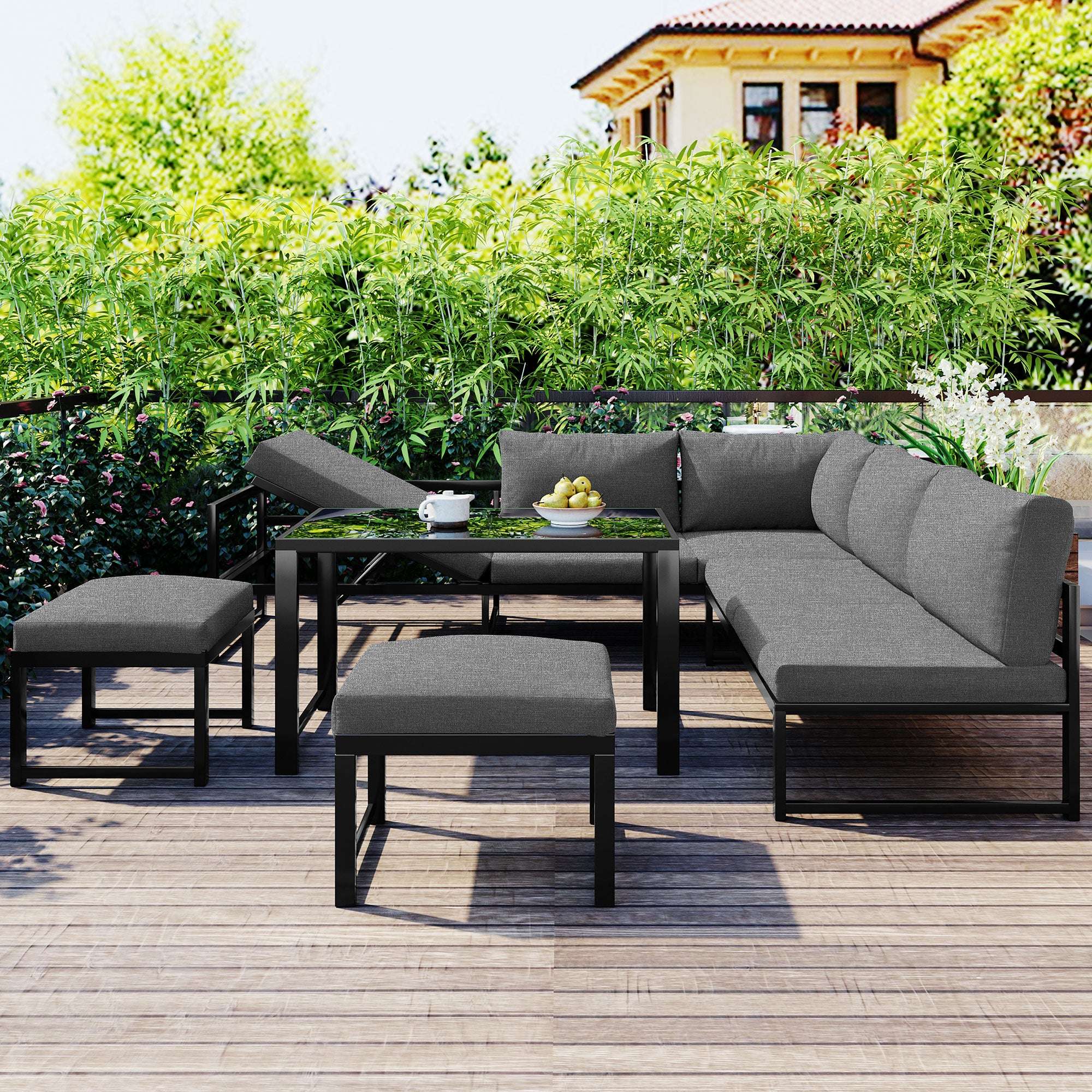 Grey Reclining Garden Lounge Set | Adjustable Backrest, All-Weather Cushions & Galvanised Frame | Premium Home Decor | OFIA HOME