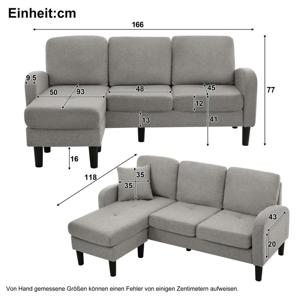 L-Shaped Corner Sofa with Chaise – 3-Seater Cotton-Linen Fabric, 166 x 118cm | Premium Home Decor | OFIA HOME
