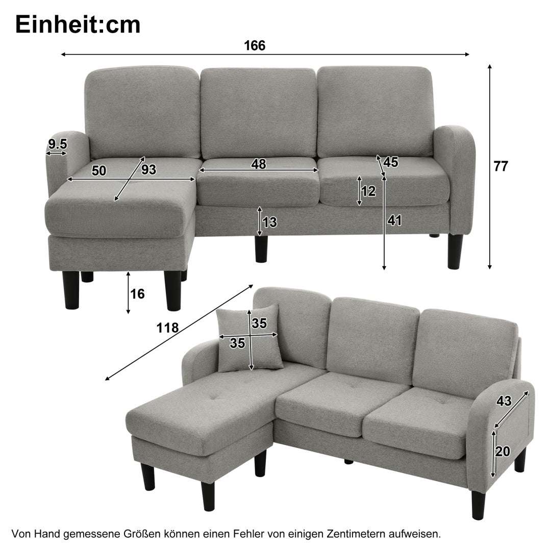 L-Shaped Corner Sofa with Chaise – 3-Seater Cotton-Linen Fabric, 166 x 118cm | Premium Home Decor | OFIA HOME