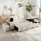 Beige L-Shaped Corner Sofa Bed with Storage, USB Charging & 2 Ottomans | Corduroy | Premium Home Decor | OFIA HOME