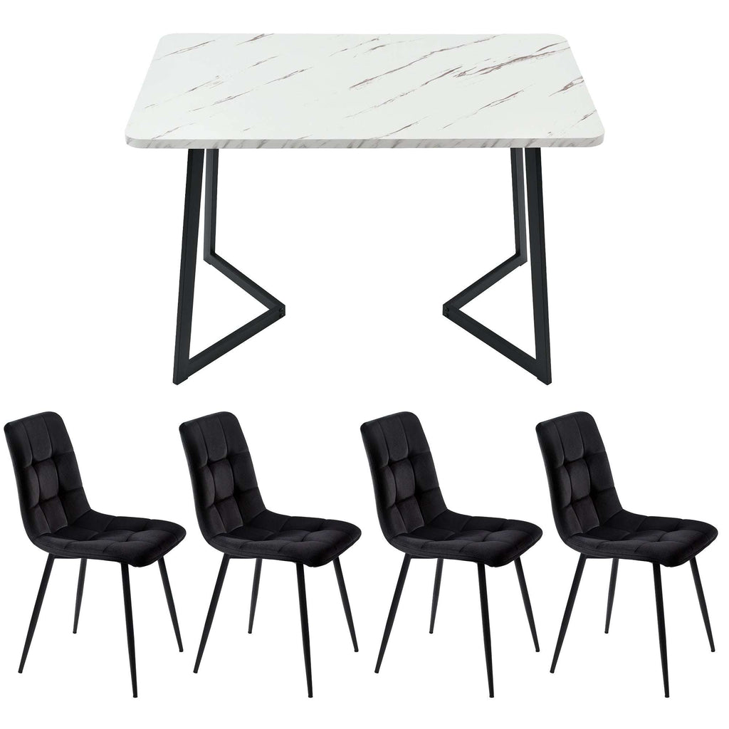 Black Marble Effect Dining Table & 4 Velvet Chairs | 117x68cm | Premium Home Decor | OFIA HOME