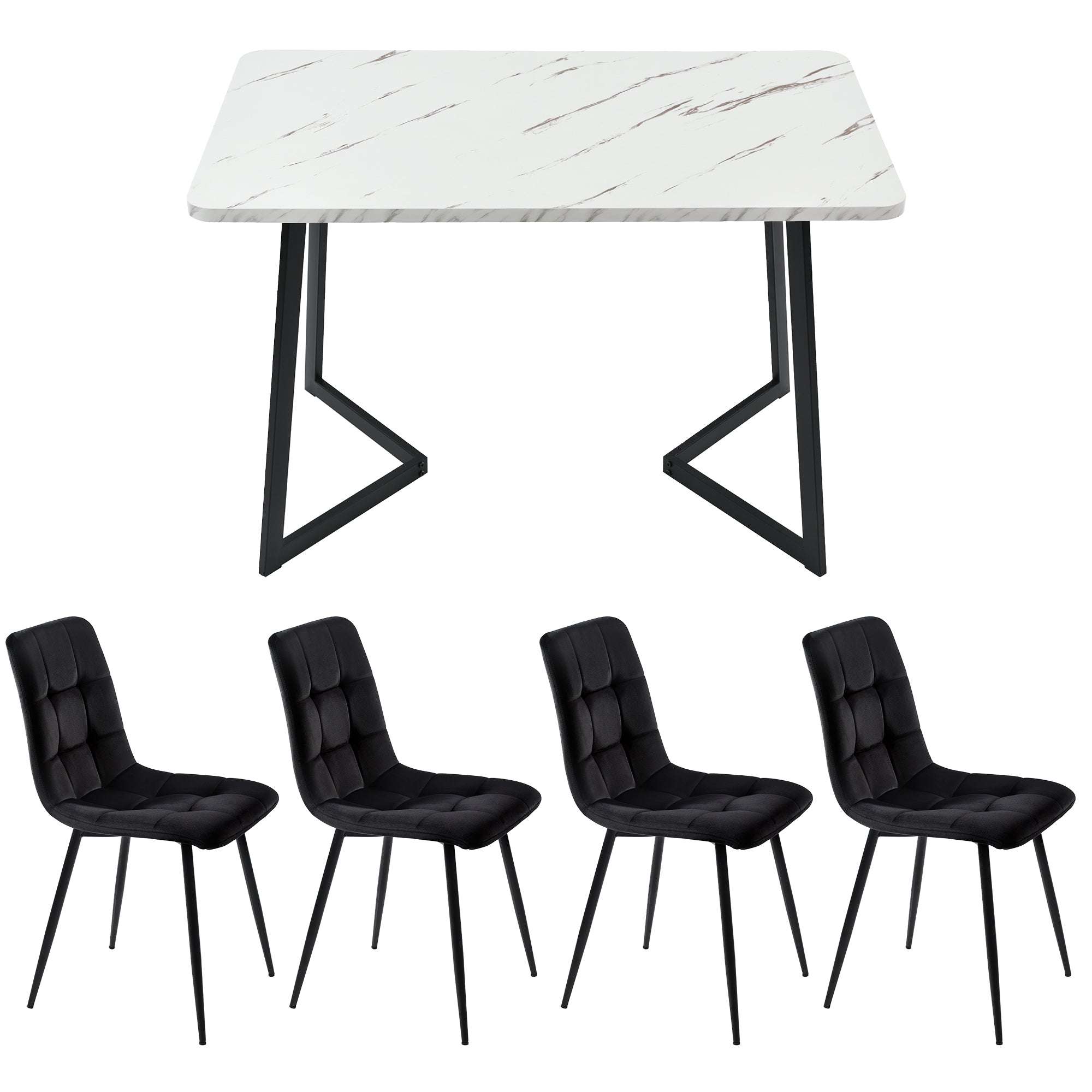 Black Marble Effect Dining Table & 4 Velvet Chairs | 117x68cm | Premium Home Decor | OFIA HOME