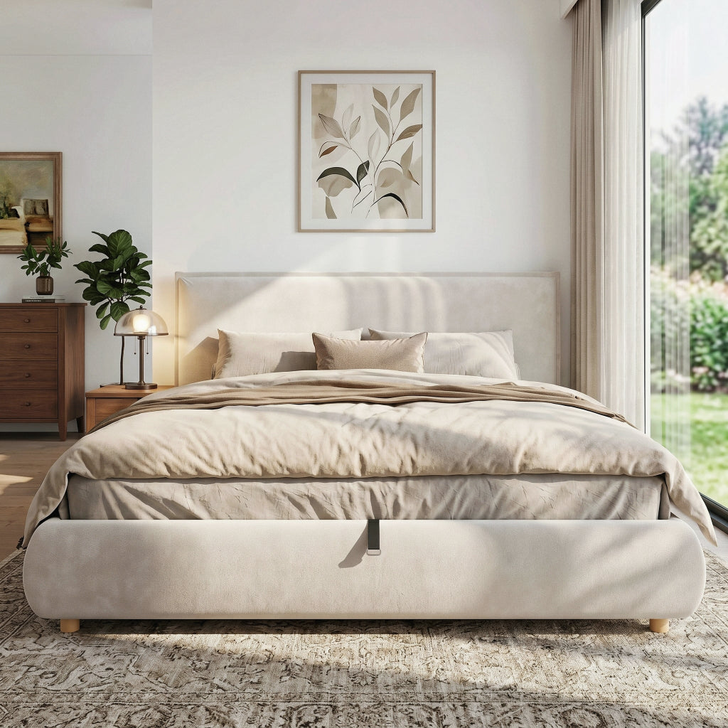 Cream Velvet Super King Ottoman Bed | Hydraulic Storage | 6ft | Premium Home Decor | OFIA HOME