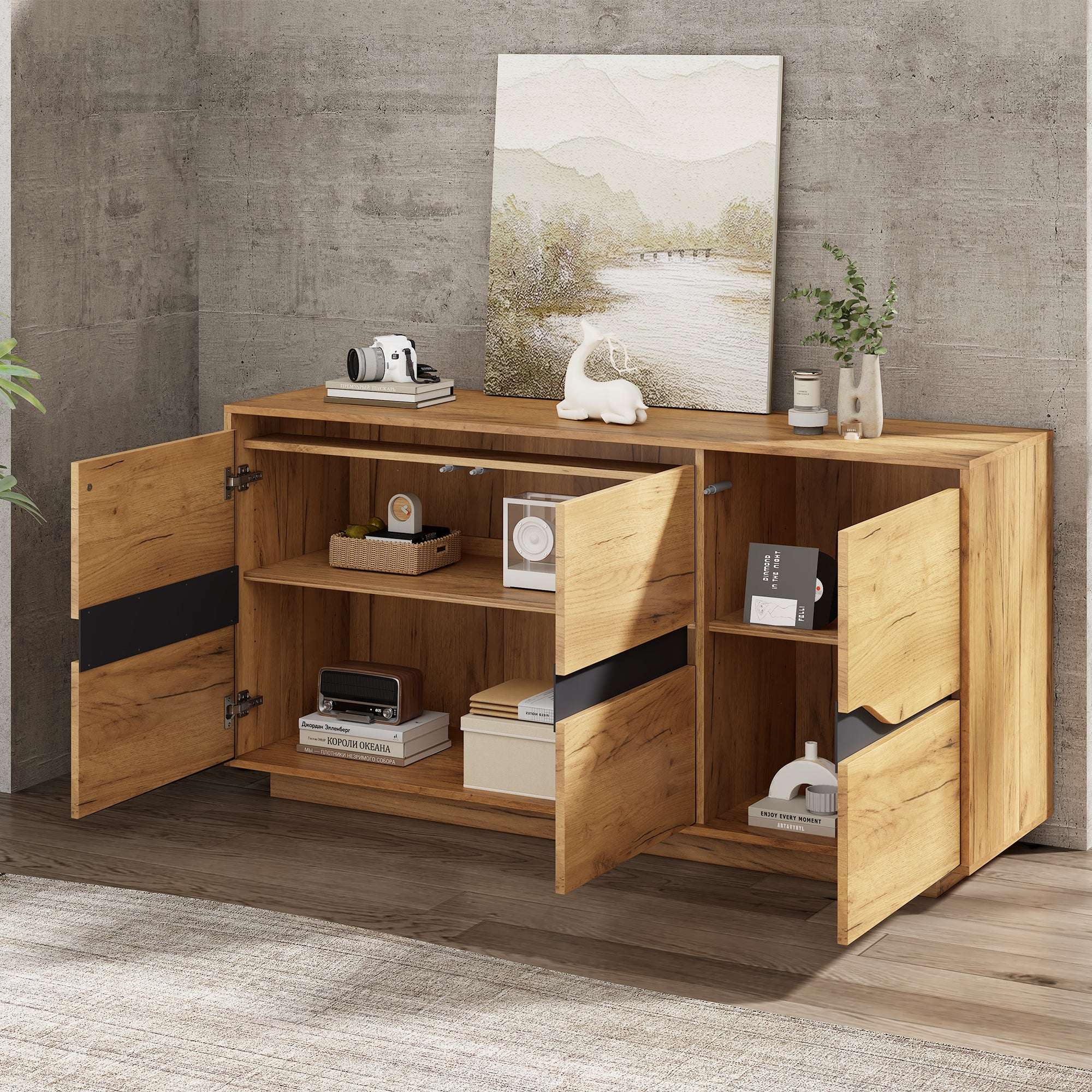Modern Vintage Wood Sideboard Cabinet | 3-Door Buffet with Adjustable Shelves | 140cm | Premium Home Decor | OFIA HOME