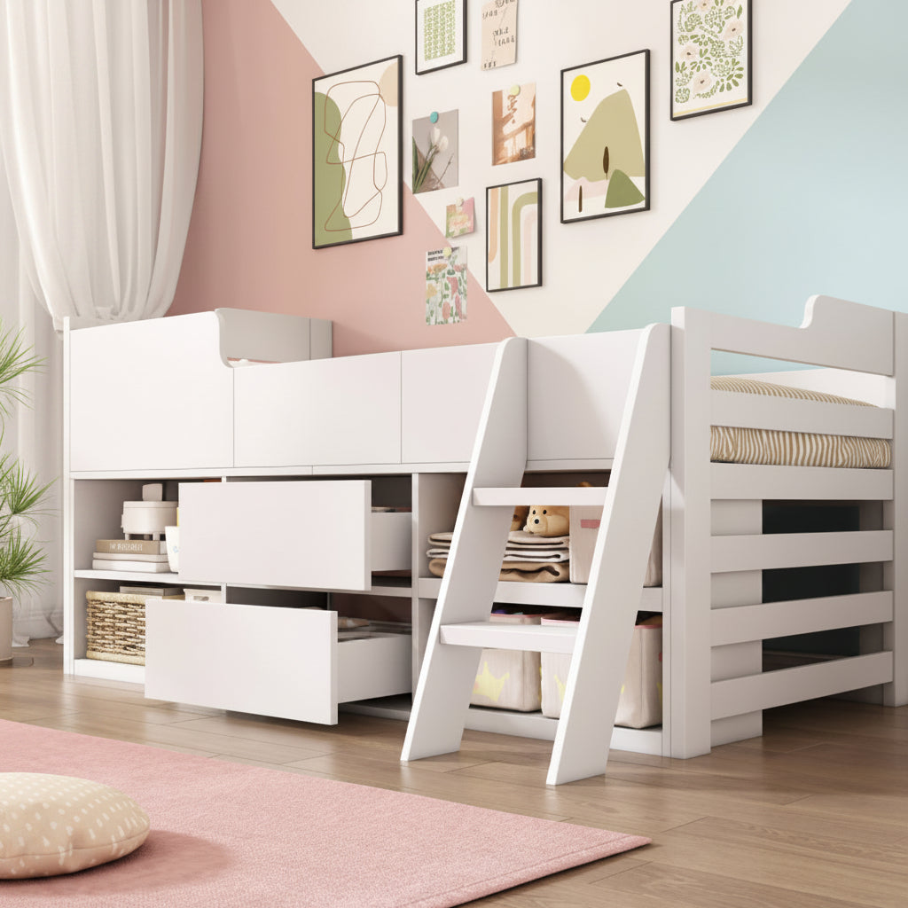 White Mid Sleeper Cabin Bed with Drawers & Shelf | 3ft 90x190cm | Premium Home Decor | OFIA HOME