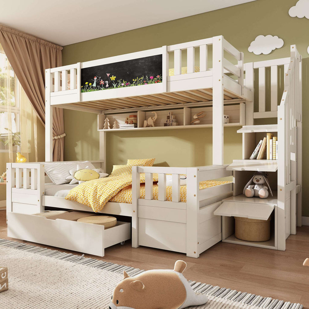 Children's Staircase Bunk Bed | Solid Wood with Drawers, Chalkboard & Storage | 3ft | White | Premium Home Decor | OFIA HOME