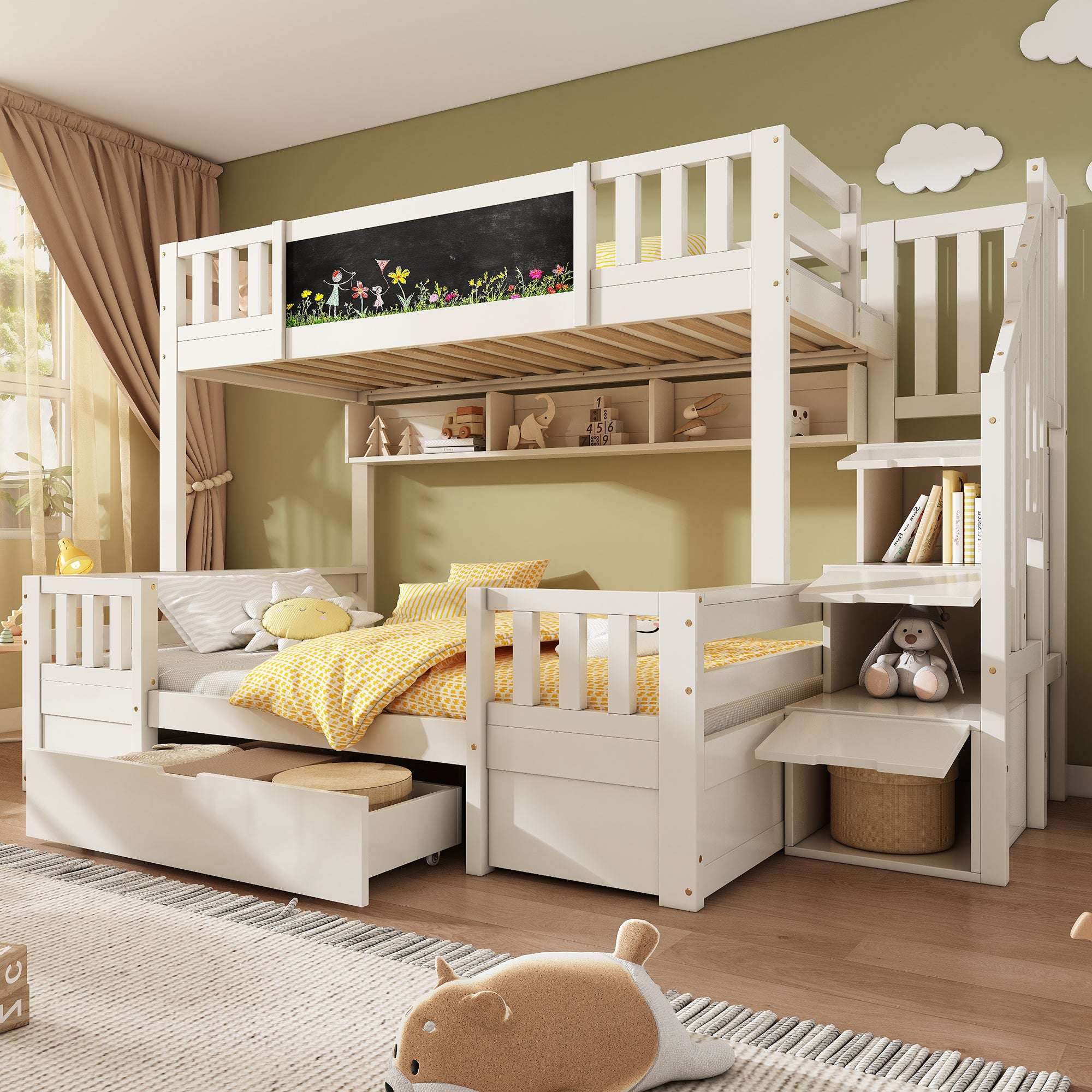 Children's Staircase Bunk Bed | Solid Wood with Drawers, Chalkboard & Storage | 3ft | White | Premium Home Decor | OFIA HOME
