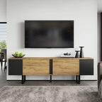 Natural Wood & Black TV Cabinet | 180cm Media Unit for TVs Up to 75" | Soft-Close Doors & Open Shelves | Premium Home Decor | OFIA HOME
