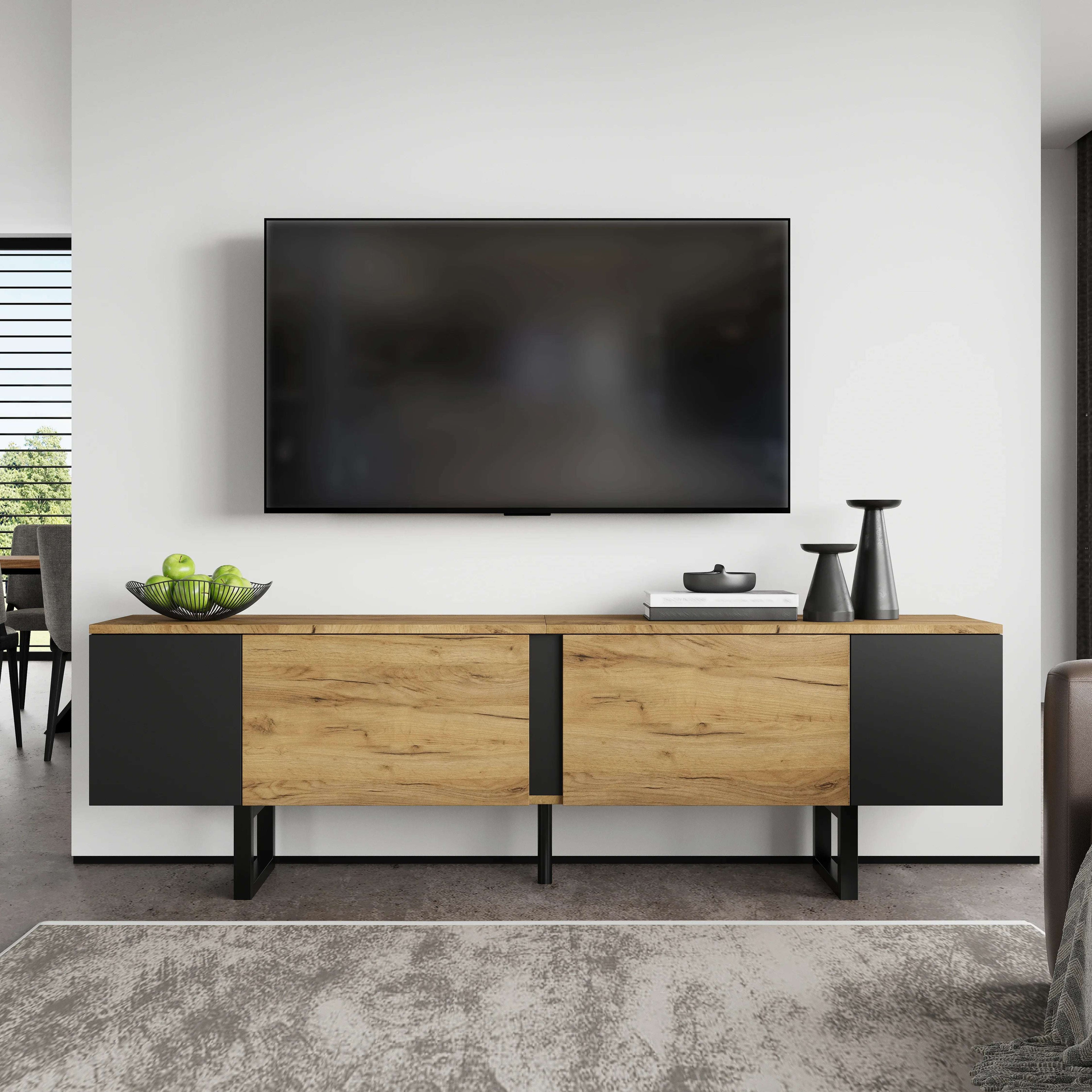 Natural Wood & Black TV Cabinet | 180cm Media Unit for TVs Up to 75" | Soft-Close Doors & Open Shelves | Premium Home Decor | OFIA HOME