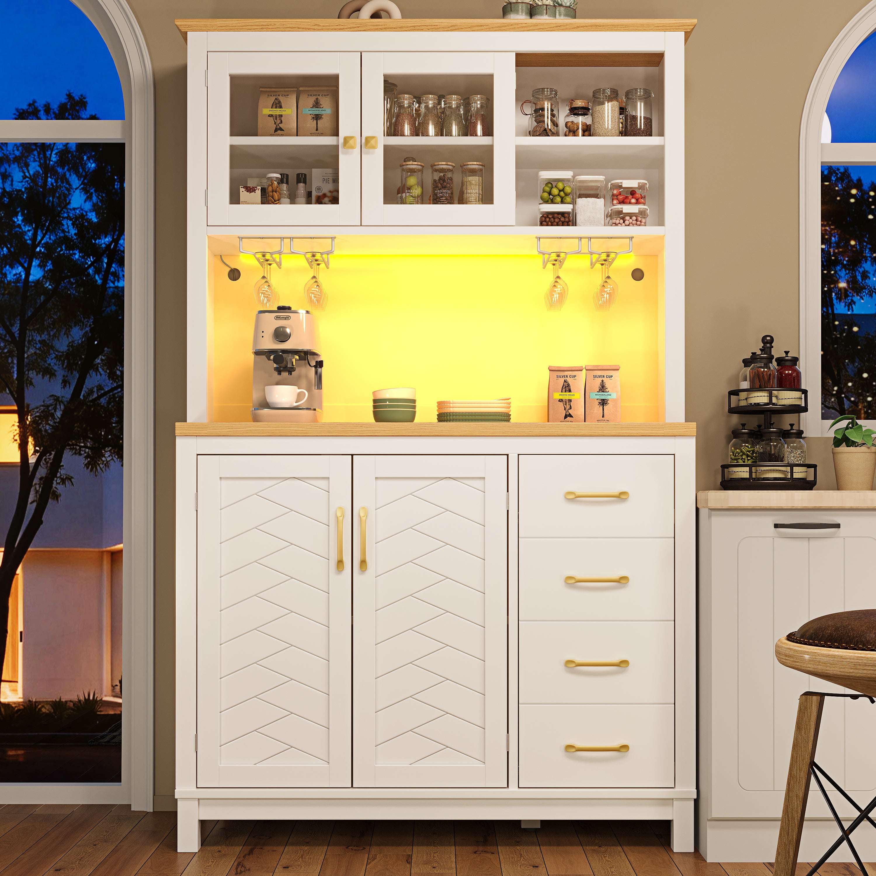 White Farmhouse Sideboard Cabinet with LED Strip – 4 Doors & Drink Holders, 180cm | Premium Home Decor | OFIA HOME